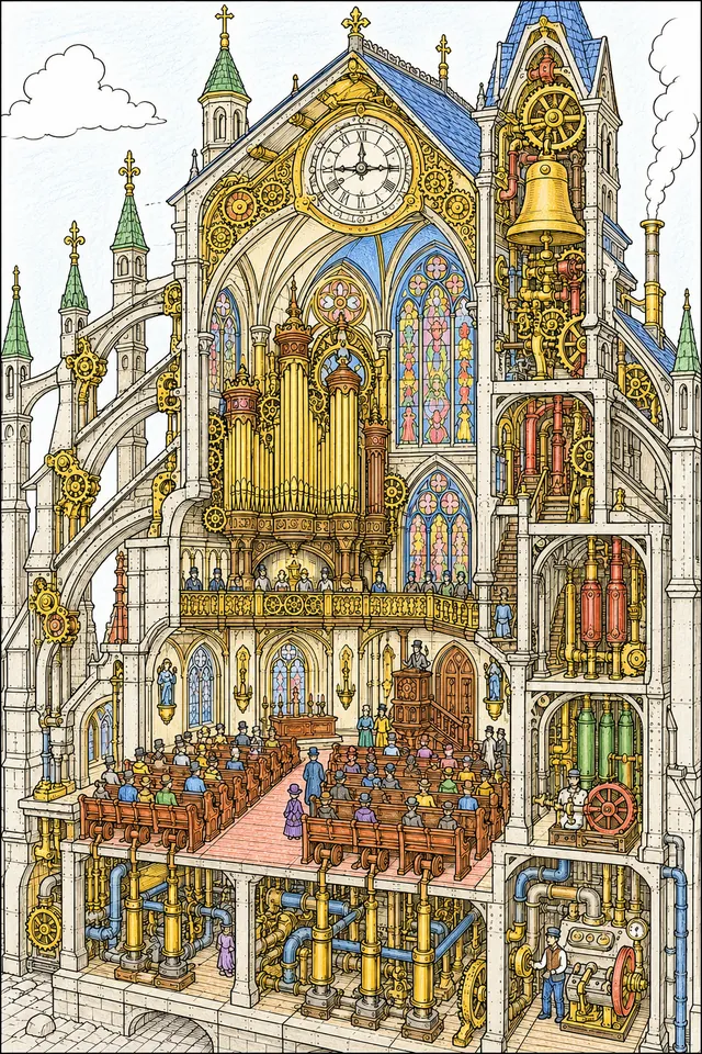 Ausmalseite: Detaillierter Querschnitt einer viktorianischen Steampunk-Kathedrale mit Pfeifenorgel und Zahnrädern