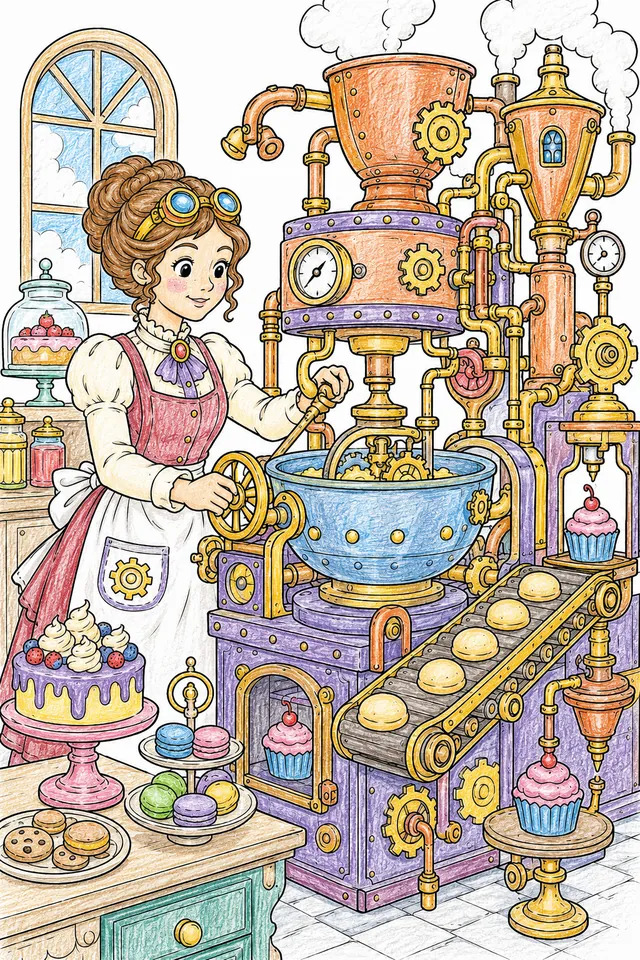 Steampunk-Konditorin am mechanischen Backautomaten – So könnte es aussehen