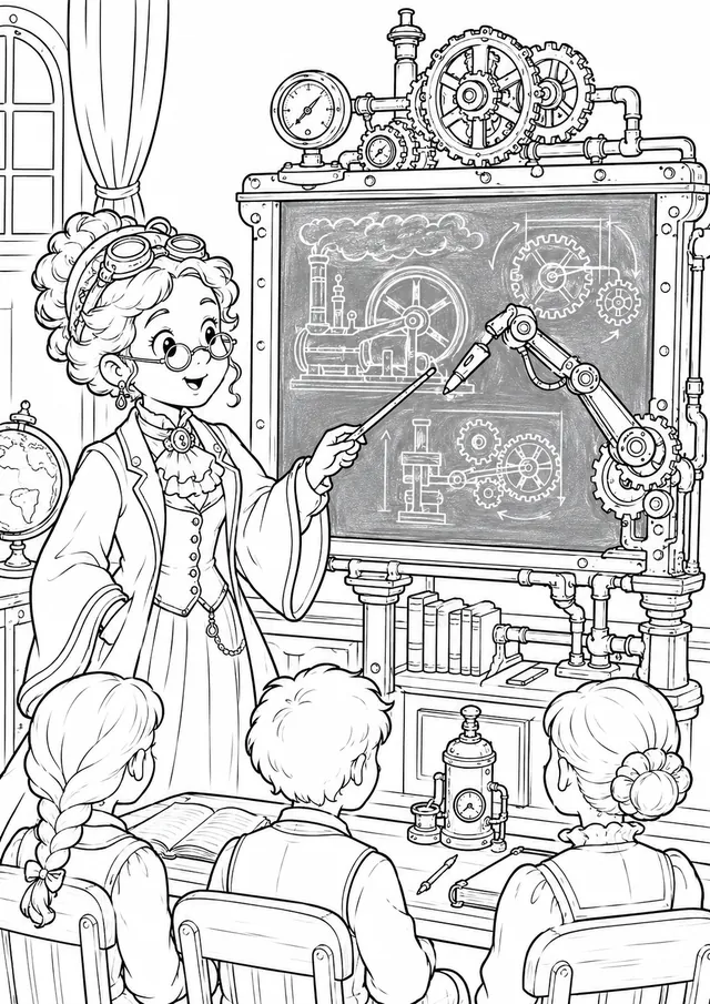 Steampunk-Lehrerin an der mechanischen Schultafel