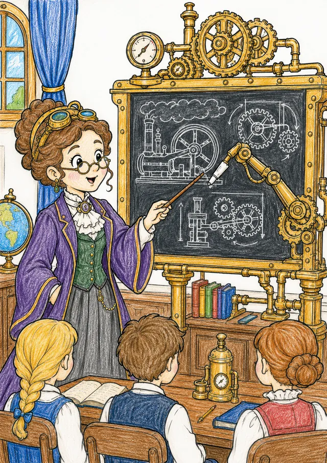 Ausmalseite: Steampunk-Lehrerin an mechanischer Schultafel mit automatischem Kreide-Schreibarm
