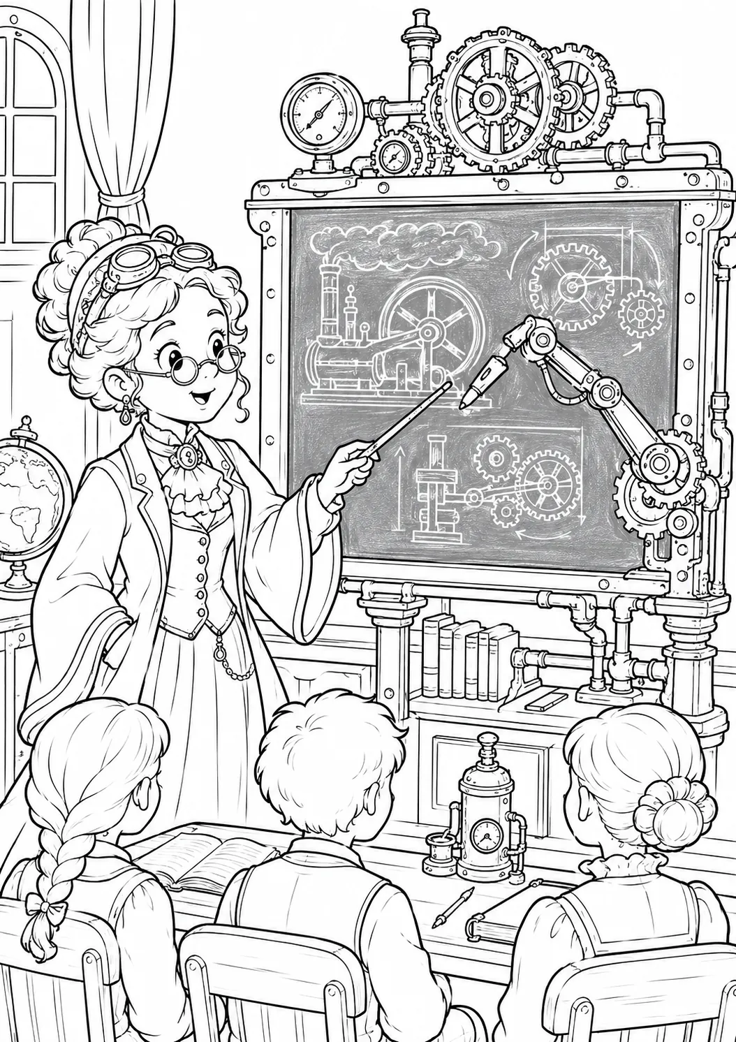 Ausmalseite: Steampunk-Lehrerin an mechanischer Schultafel mit automatischem Kreide-Schreibarm