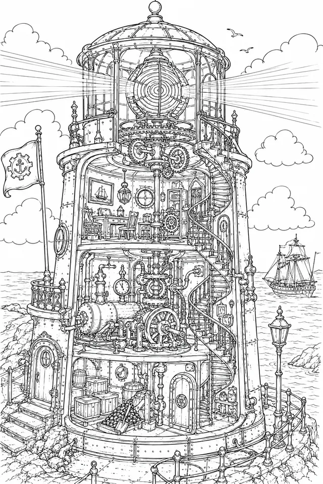 Steampunk-Leuchtturm mit mechanischem Linsenwerk