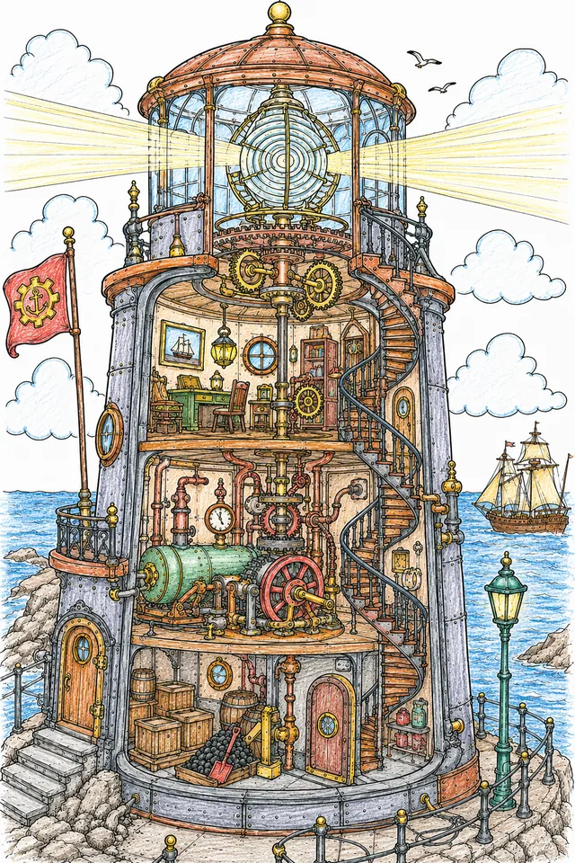 Ausmalseite: Detaillierter Steampunk-Leuchtturm-Querschnitt mit Fresnel-Linsenwerk und Zahnradantrieb
