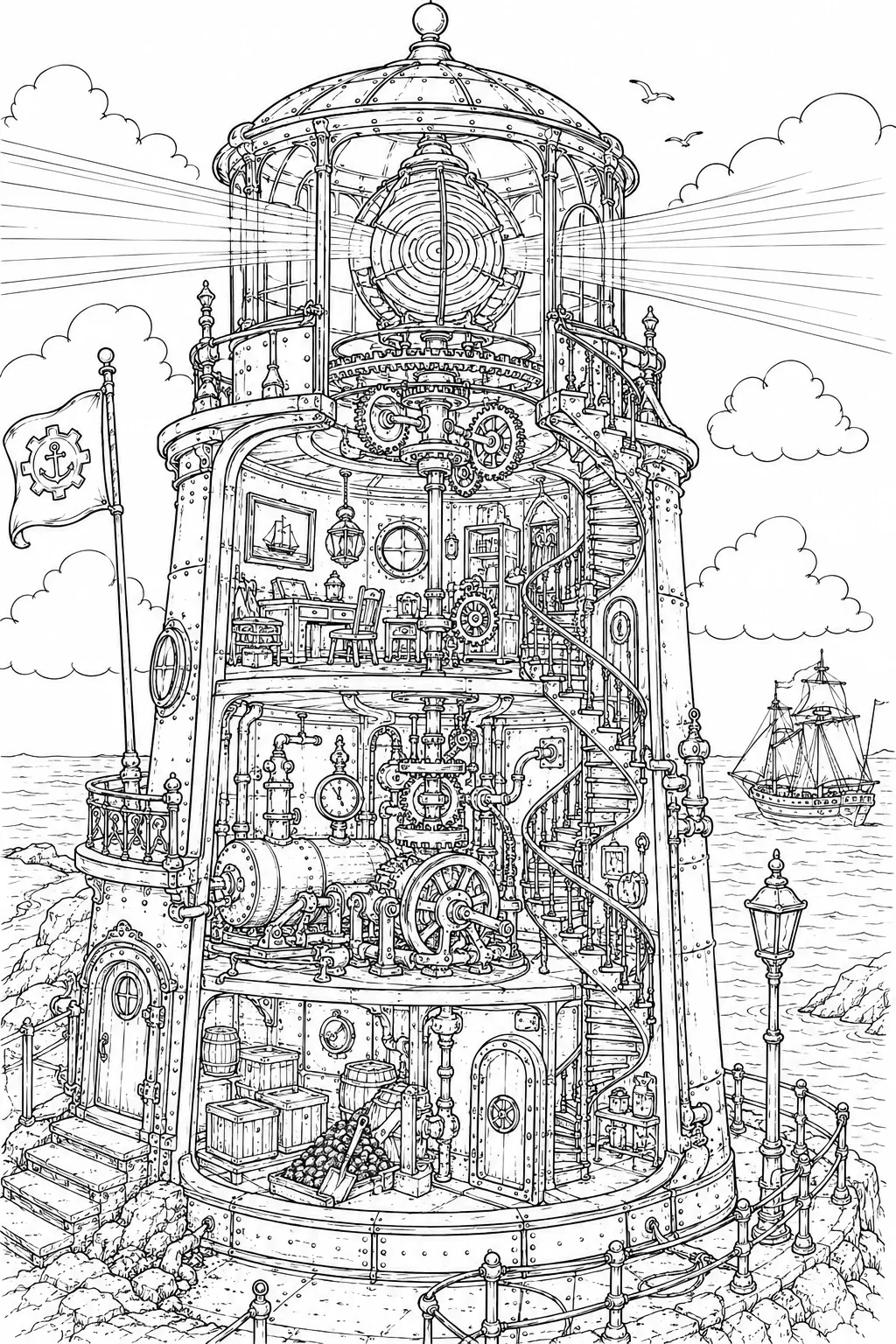 Ausmalseite: Detaillierter Steampunk-Leuchtturm-Querschnitt mit Fresnel-Linsenwerk und Zahnradantrieb