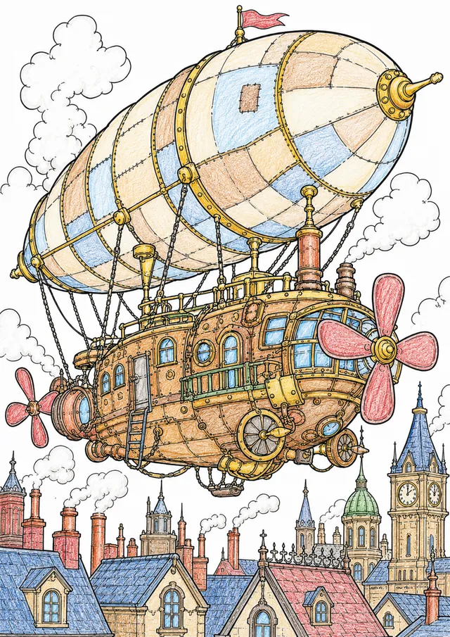 Ausmalseite: Steampunk-Luftschiff mit vernieteter Messinggondel, Propellern und Dampfwolken über viktorianischen Dächern