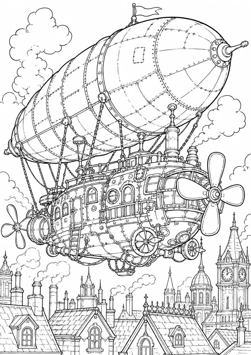 Ausmalseite: Steampunk-Luftschiff mit vernieteter Messinggondel, Propellern und Dampfwolken über viktorianischen Dächern