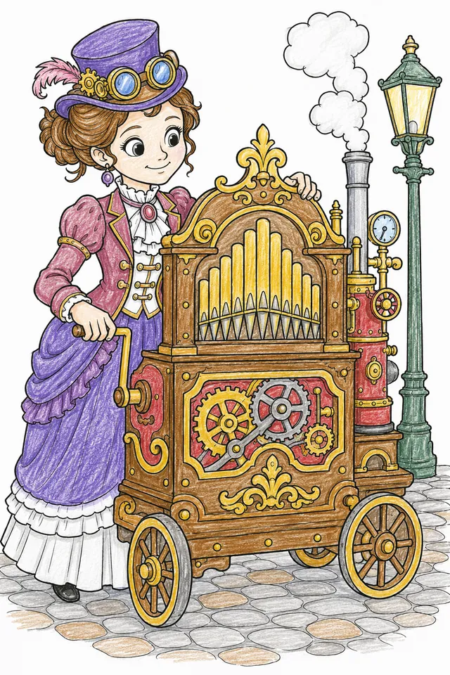 Ausmalseite: Steampunk-Musikerin bedient eine mechanische Drehorgel mit Zahnrädern