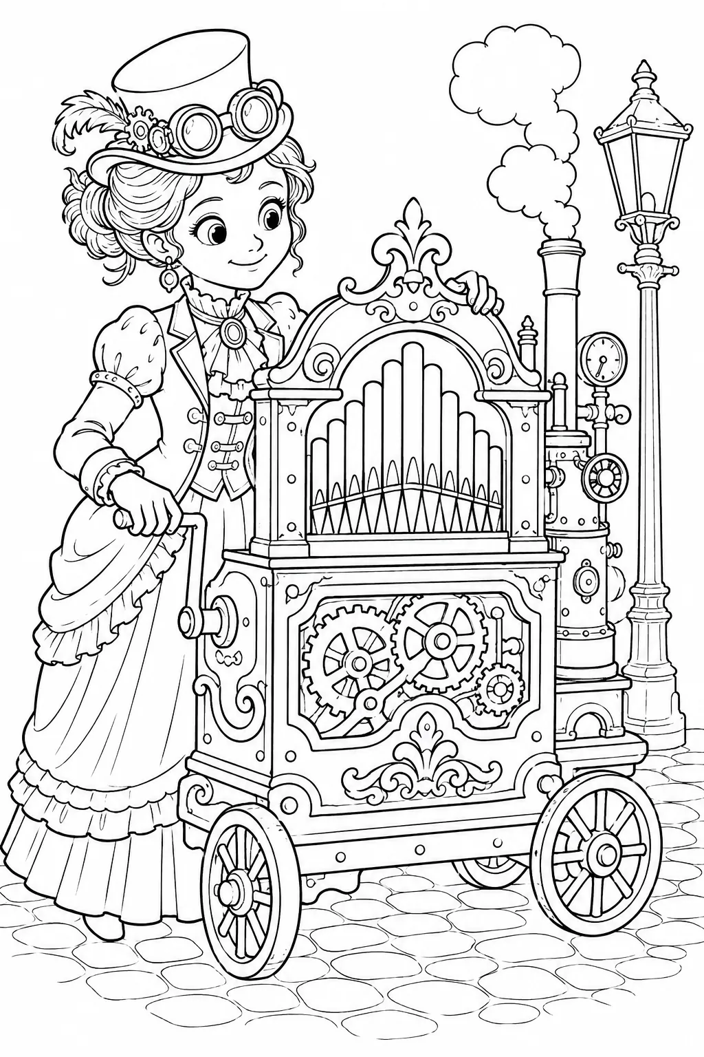 Ausmalseite: Steampunk-Musikerin bedient eine mechanische Drehorgel mit Zahnrädern