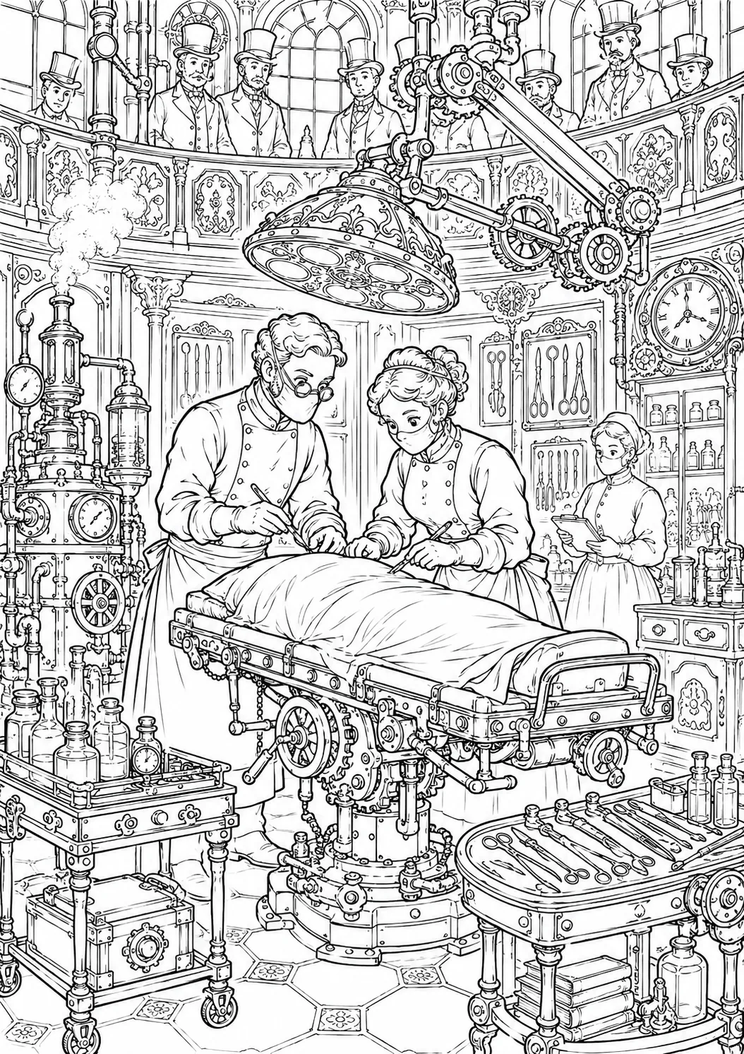 Ausmalseite: Detaillierter viktorianischer Steampunk-Operationssaal mit Messinglampen und Dampfapparat