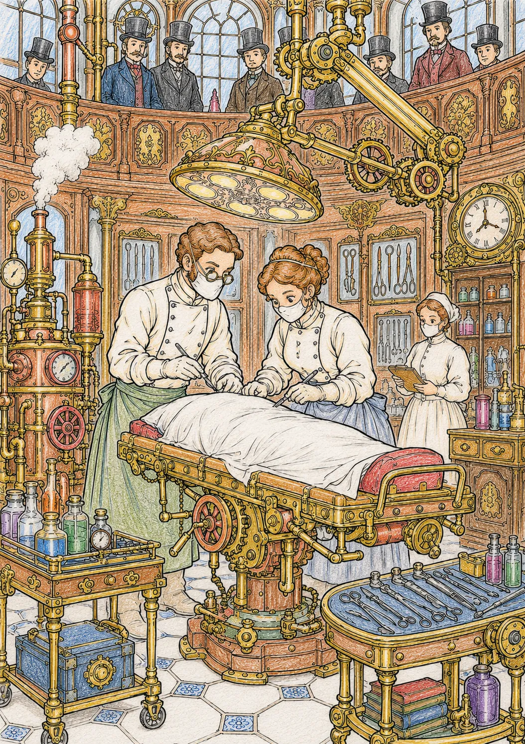 Steampunk-Operationssaal mit mechanischen Instrumenten