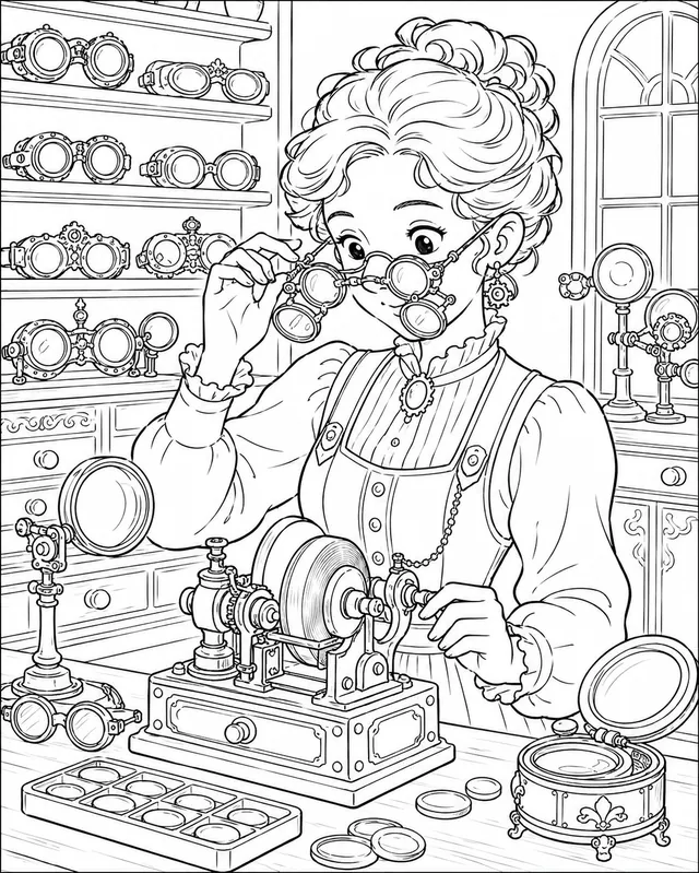 Steampunk-Optikerin in der Brillenwerkstatt