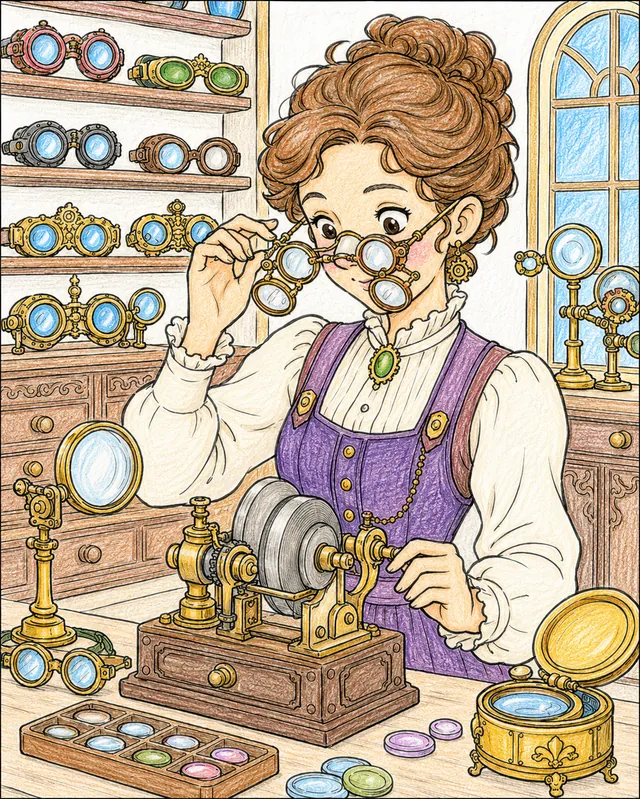 Ausmalseite: Steampunk-Optikerin montiert mechanische Brillen in ihrer viktorianischen Werkstatt