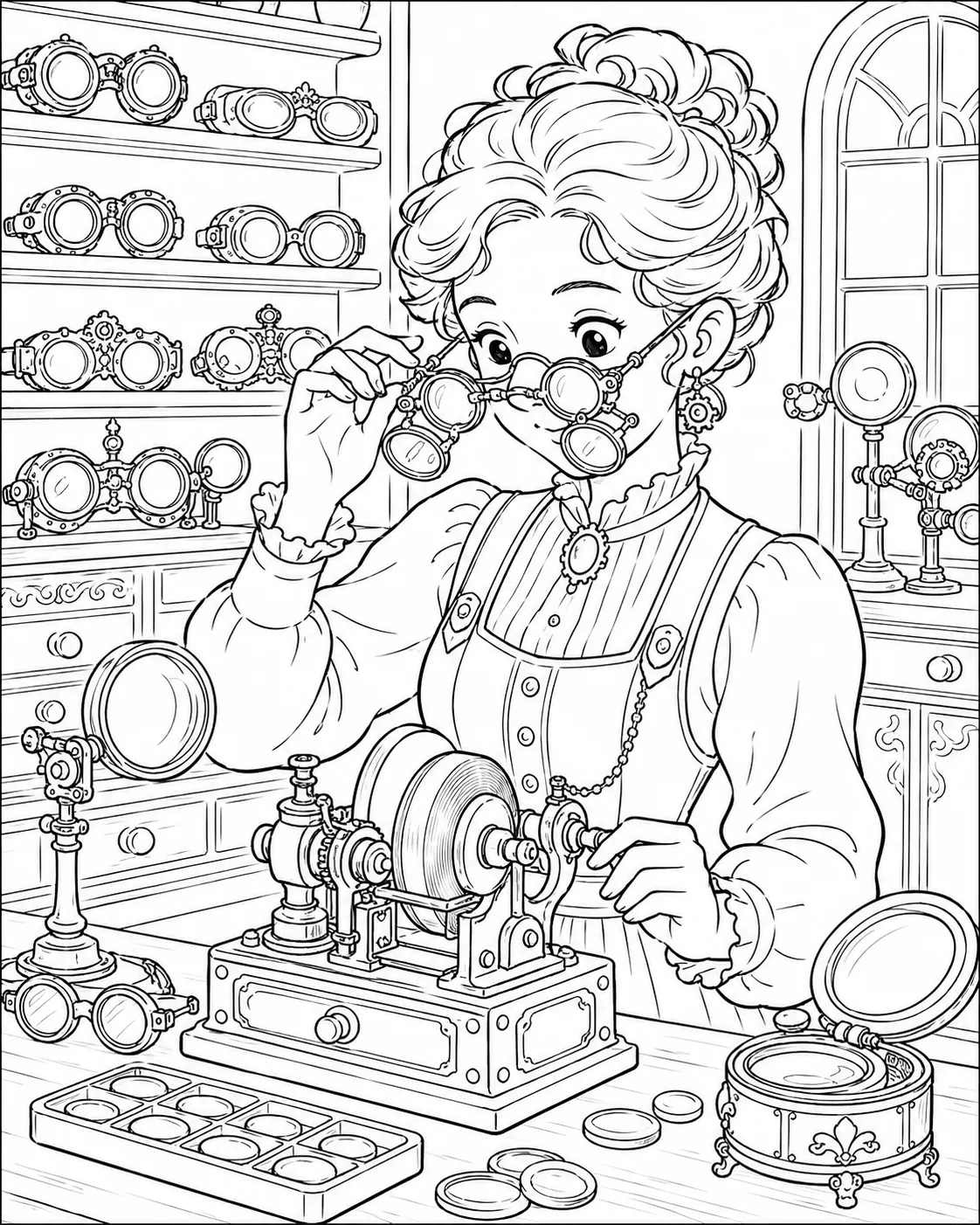 Ausmalseite: Steampunk-Optikerin montiert mechanische Brillen in ihrer viktorianischen Werkstatt