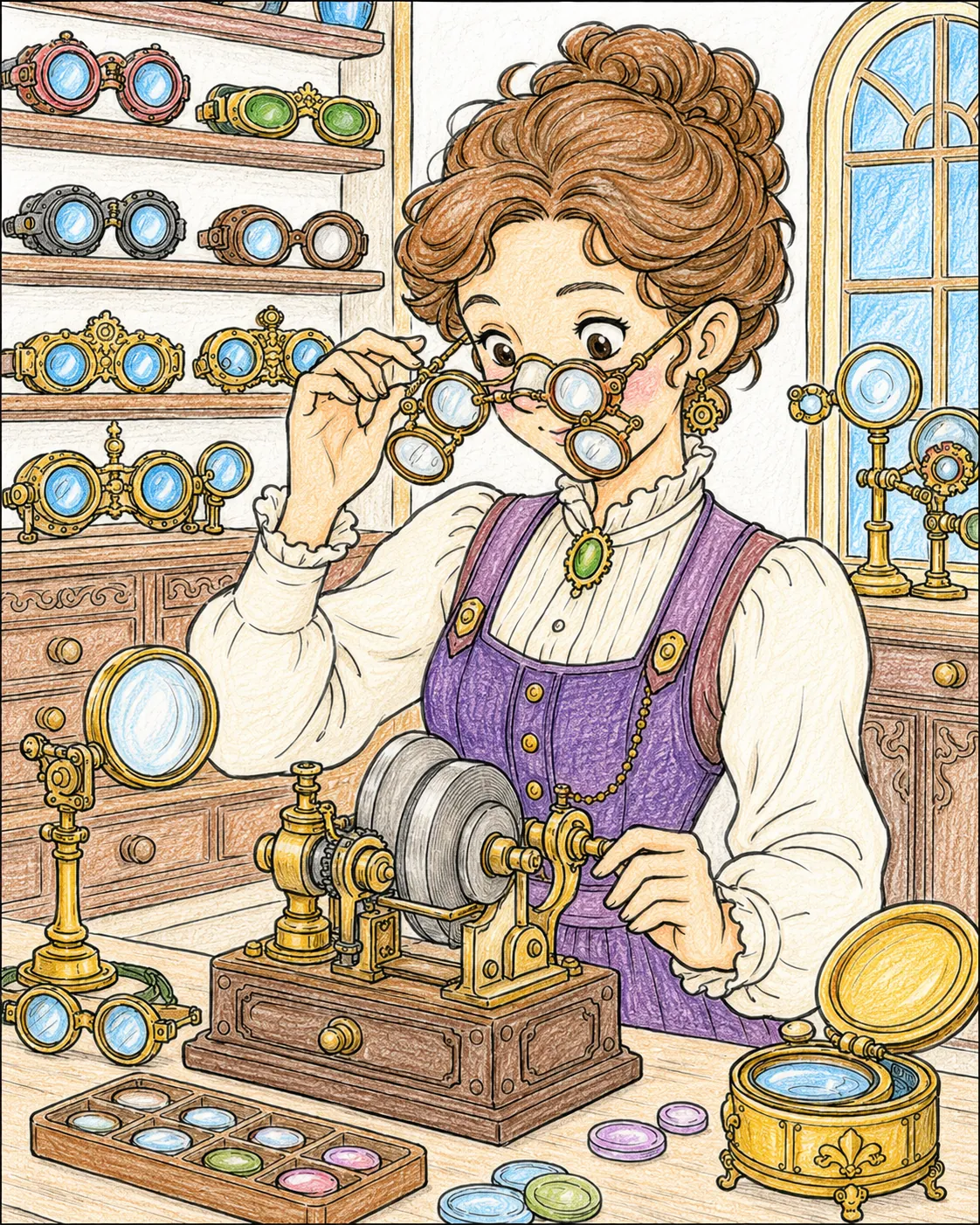 Steampunk-Optikerin in der Brillenwerkstatt