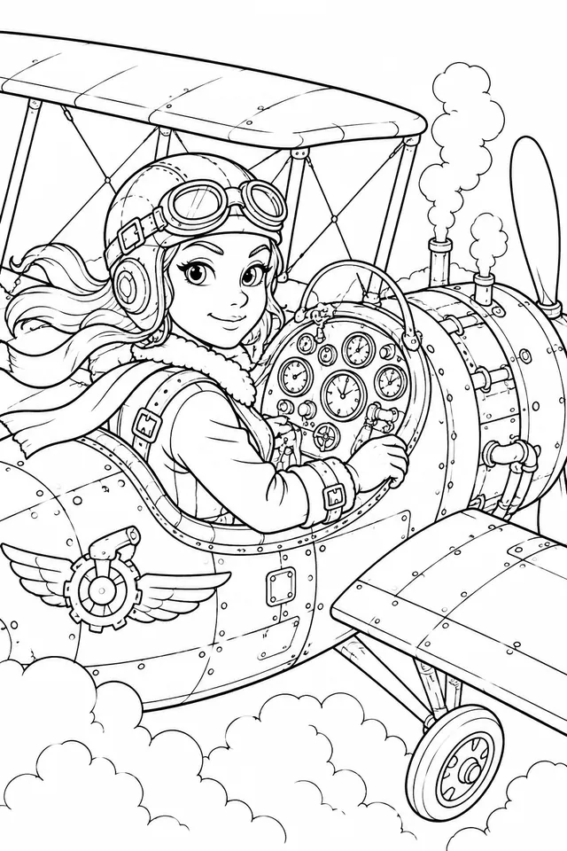 Steampunk-Pilotin im Doppeldecker-Cockpit