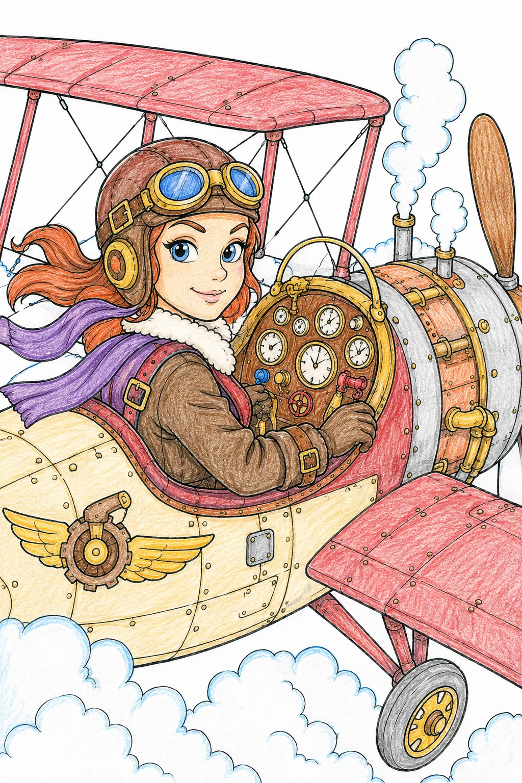 Steampunk-Pilotin im Doppeldecker-Cockpit