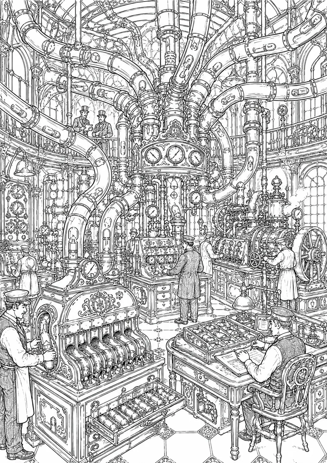 Ausmalseite: Steampunk-Rohrpost-Zentrale mit verzweigtem Röhrennetz und Sortiermaschinen