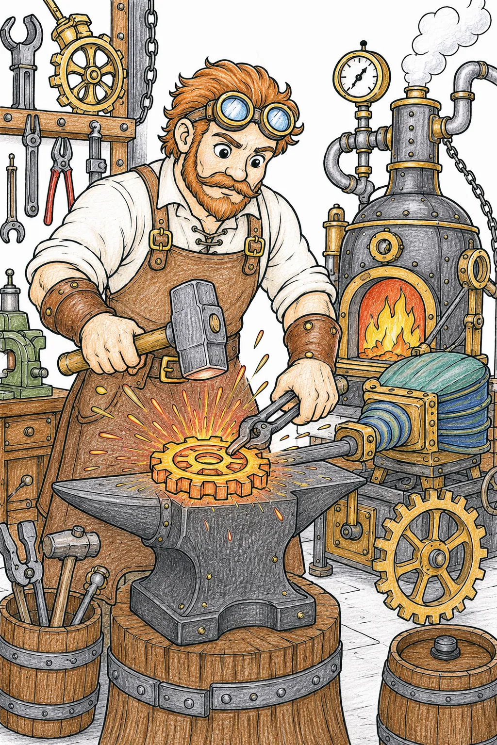 Steampunk-Schmied schmiedet mechanisches Teil