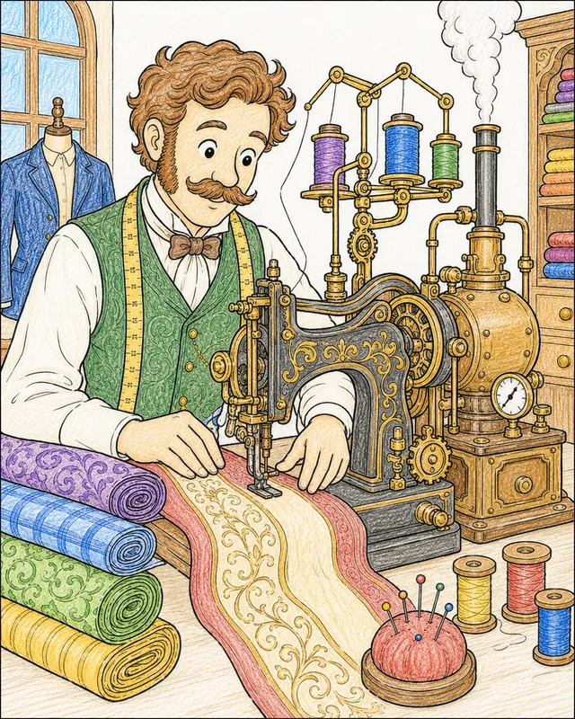 Ausmalseite: Steampunk-Schneider bedient eine dampfbetriebene Nähmaschine mit Messing-Kessel und Fadenspulen