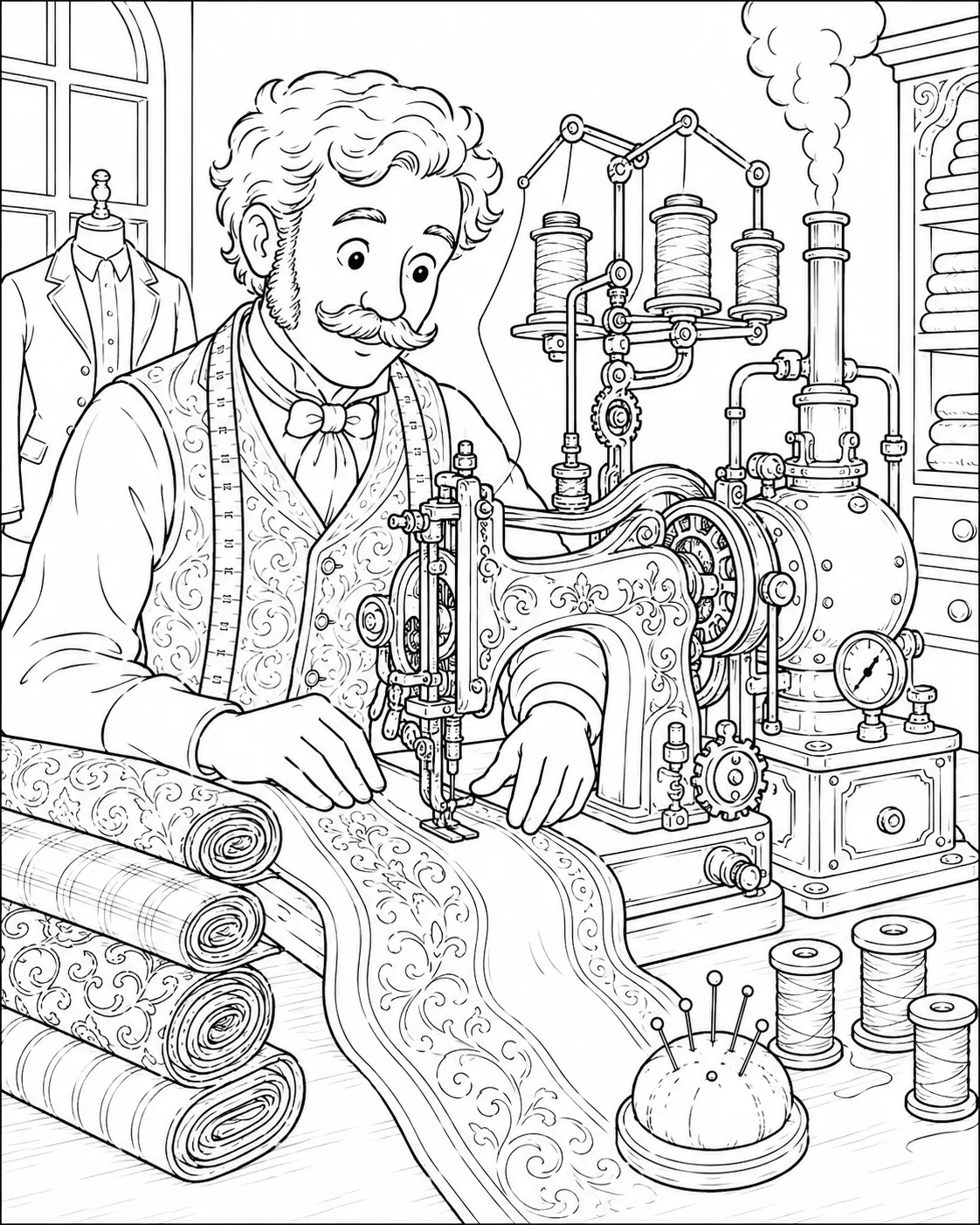 Ausmalseite: Steampunk-Schneider bedient eine dampfbetriebene Nähmaschine mit Messing-Kessel und Fadenspulen