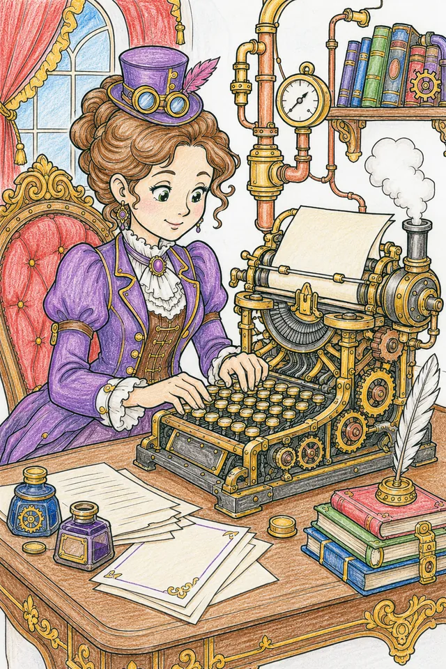 Ausmalseite: Steampunk-Schriftstellerin an ihrer mechanischen Schreibmaschine mit Zahnrädern