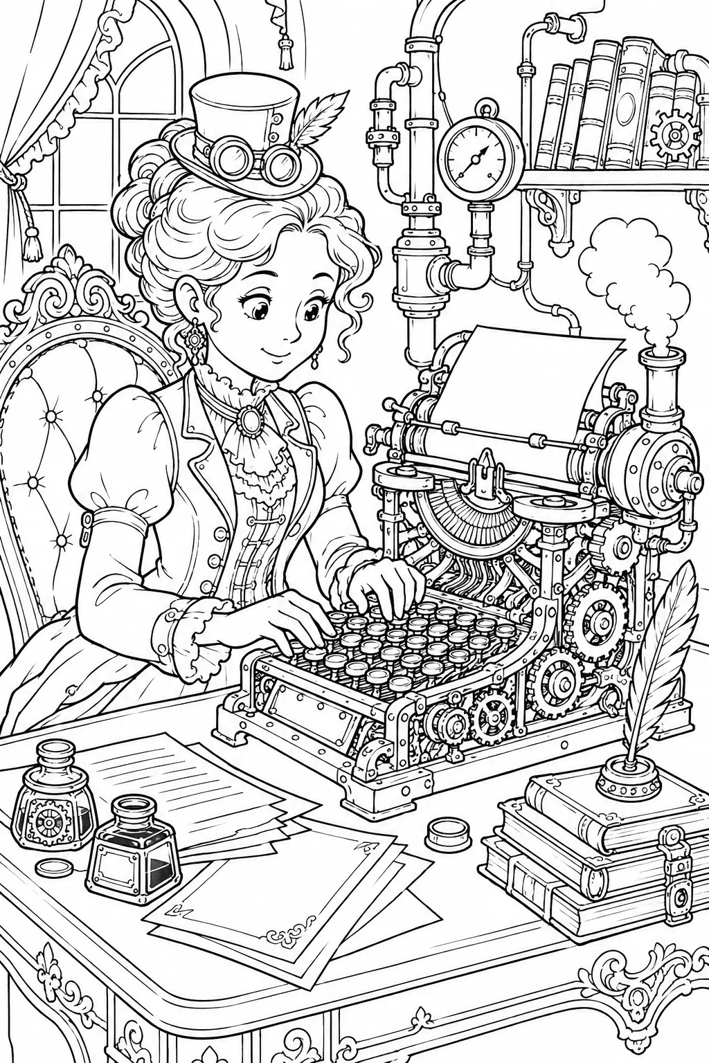 Ausmalseite: Steampunk-Schriftstellerin an ihrer mechanischen Schreibmaschine mit Zahnrädern