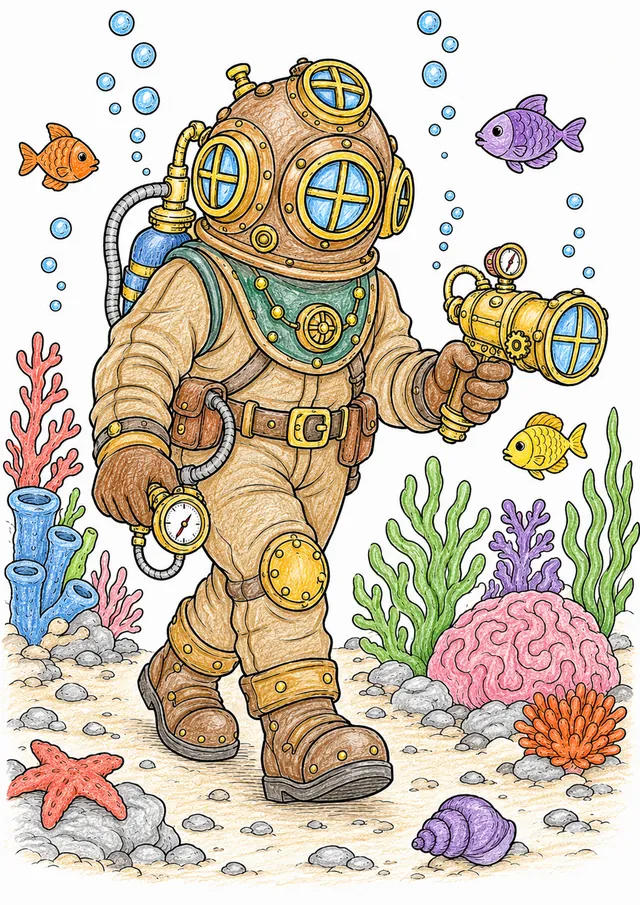 Ausmalseite: Steampunk-Taucher in schwerem Messingtauchanzug mit Nietzhelm geht auf Meeresgrund, Luftblasen steigen auf
