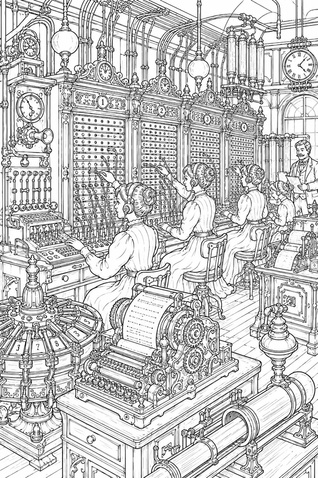 Steampunk-Telegraphamt mit Morse-Schalttafeln