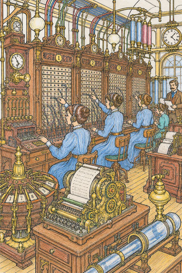 Ausmalseite: Steampunk-Telegraphensaal mit Morse-Schalttafeln und Rohrpostsystem