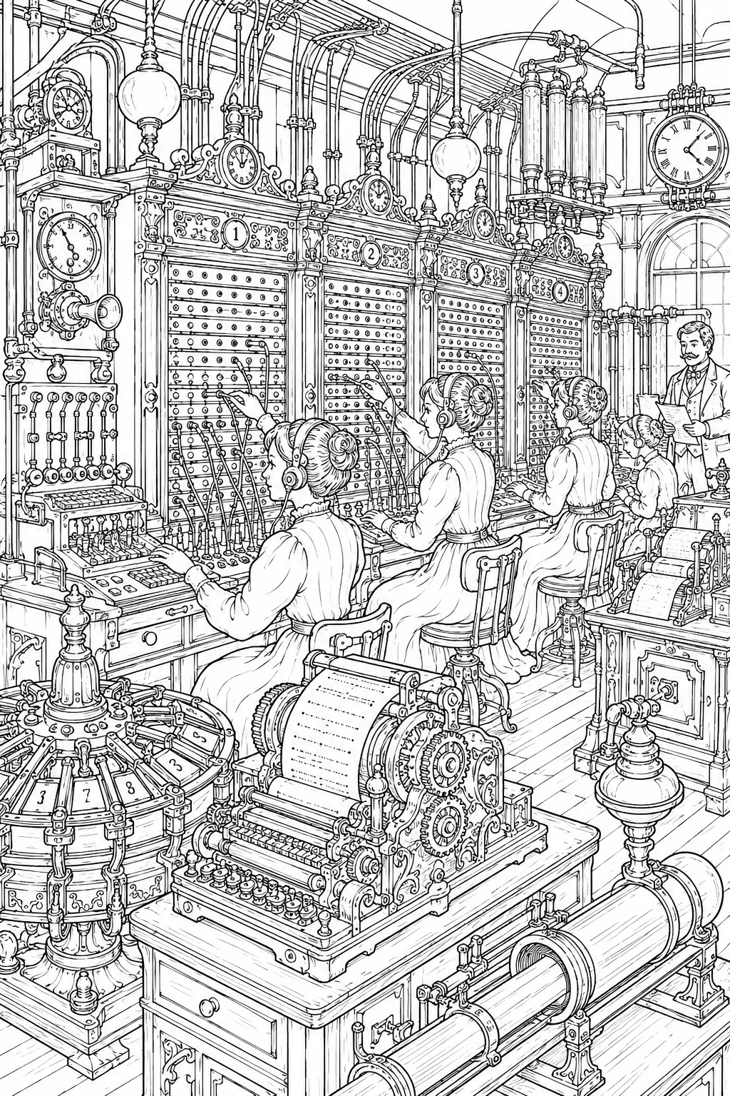Ausmalseite: Steampunk-Telegraphensaal mit Morse-Schalttafeln und Rohrpostsystem