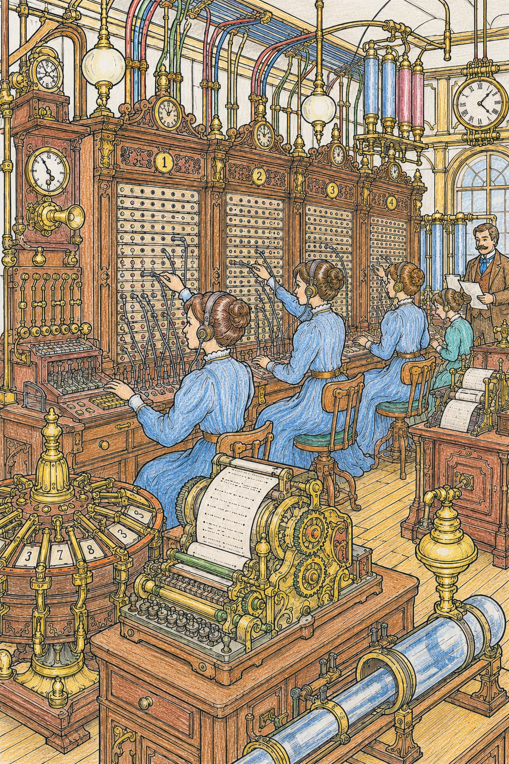 Steampunk-Telegraphamt mit Morse-Schalttafeln