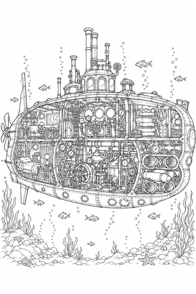 Steampunk-U-Boot im Querschnitt