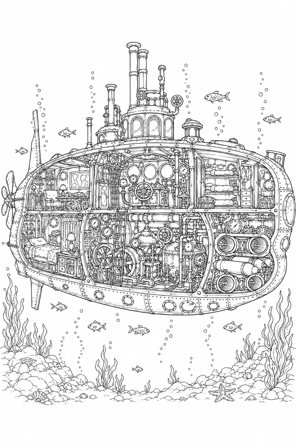 Ausmalseite: Detaillierter Querschnitt durch ein viktorianisches Steampunk-U-Boot