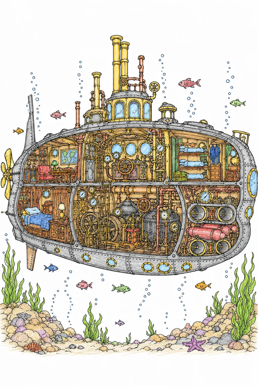 Steampunk-U-Boot im Querschnitt