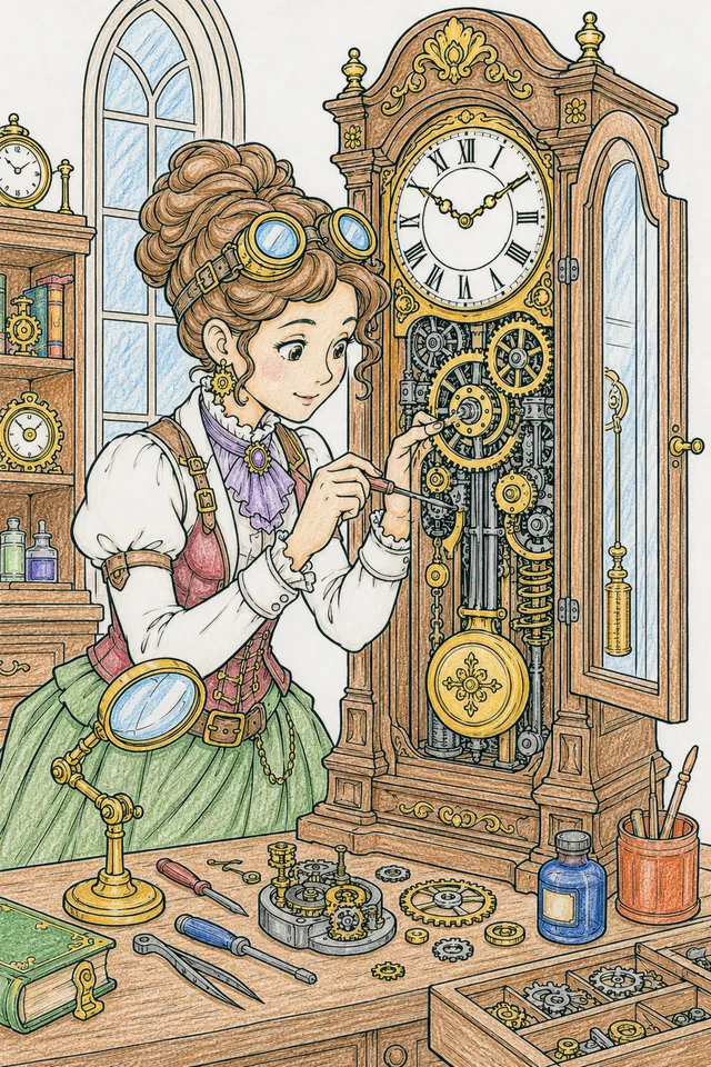 涂色页：蒸汽朋克女钟表师修理带齿轮的大型落地钟