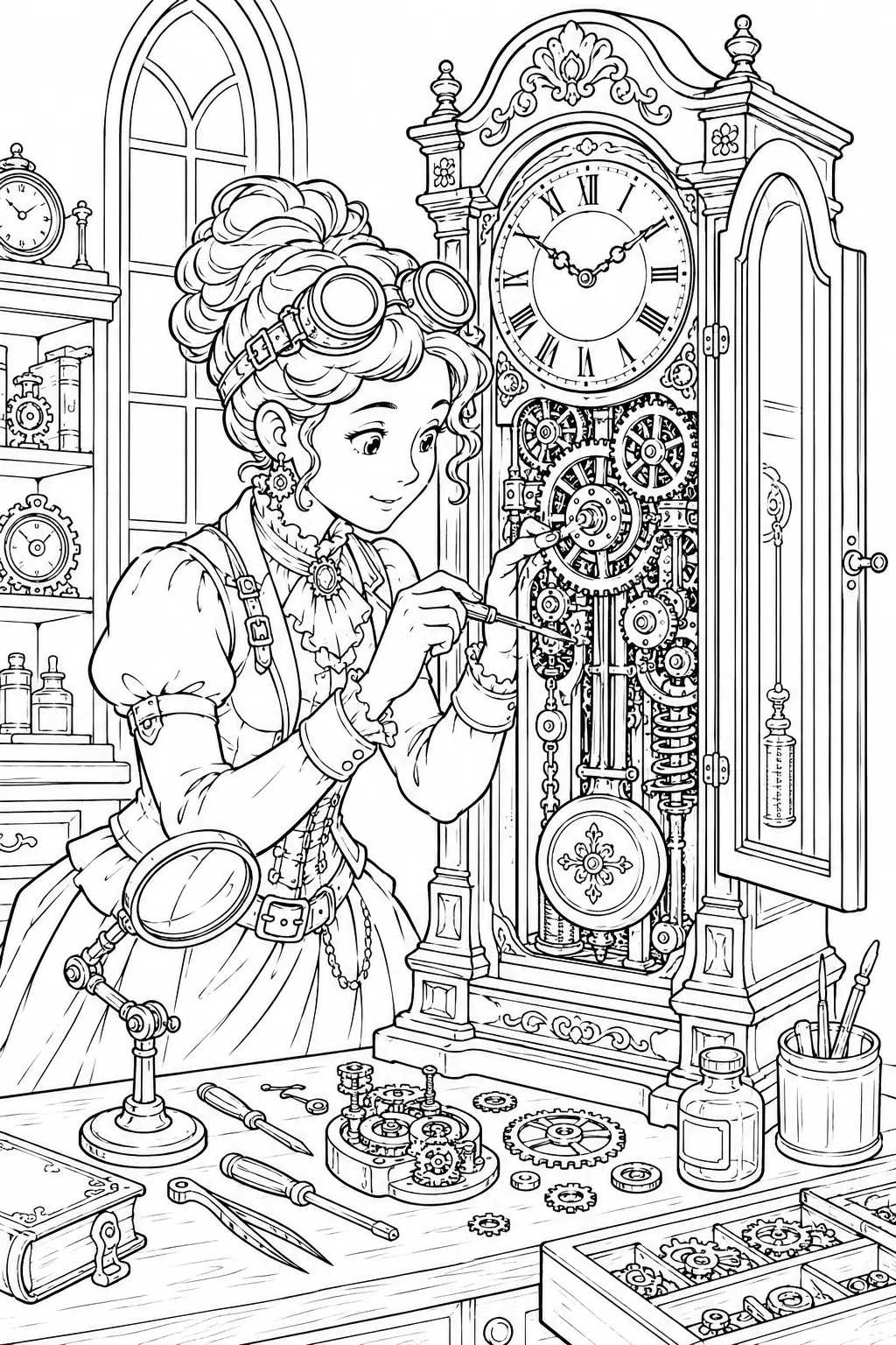 Ausmalseite: Steampunk-Uhrmacherin bei der Reparatur einer großen Standuhr mit Zahnrädern