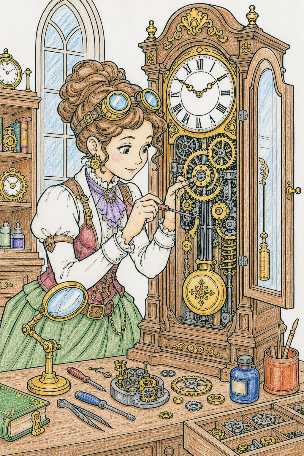 Steampunk-Uhrmacherin repariert riesige Standuhr