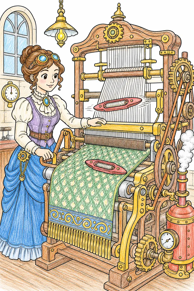 Ausmalseite: Steampunk-Weberin bedient einen mechanischen Dampfwebstuhl mit Zahnrädern