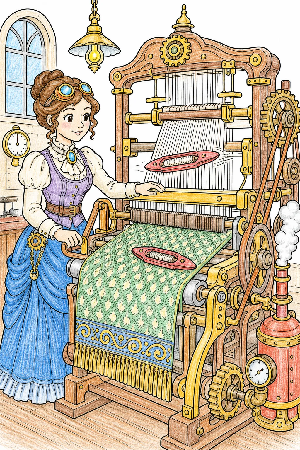 Steampunk-Weberin am mechanischen Webstuhl