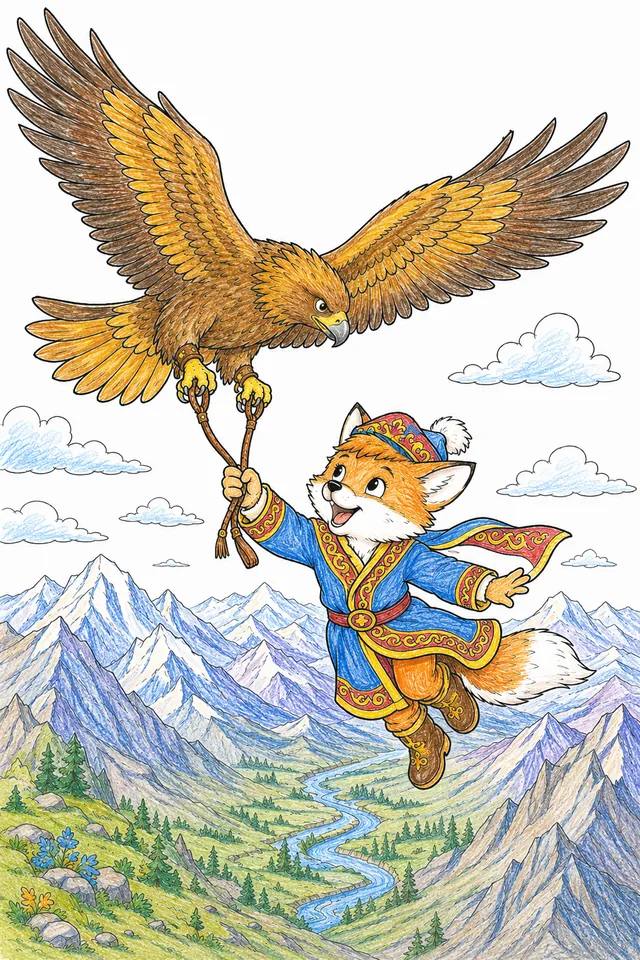 Ausmalbild: Kind hält sich an Steinadler fest und fliegt hoch über Bergkette