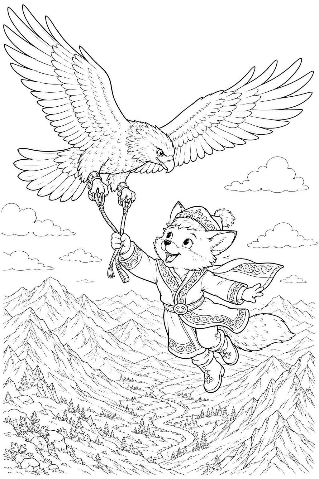 涂色页：孩子抓着金雕在山脉上方高空飞翔