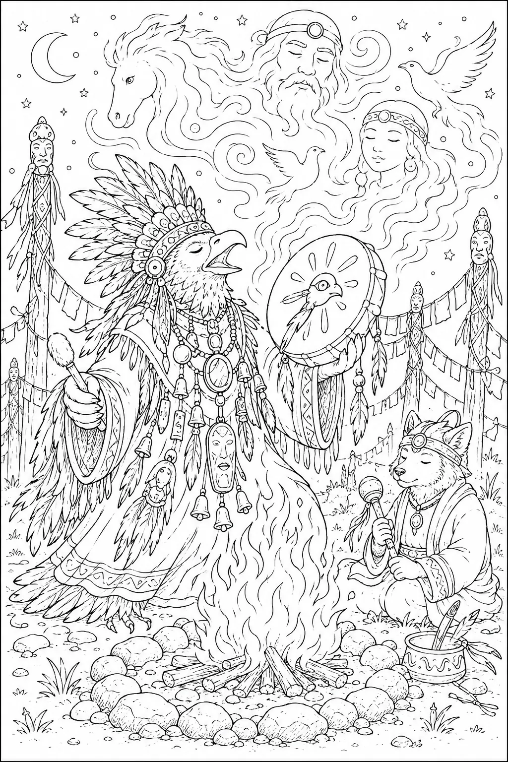 Ausmalbild: Adler-Schamane in Zeremonialkleid trommelt bei Nacht, umgeben von Geistern und Feuer
