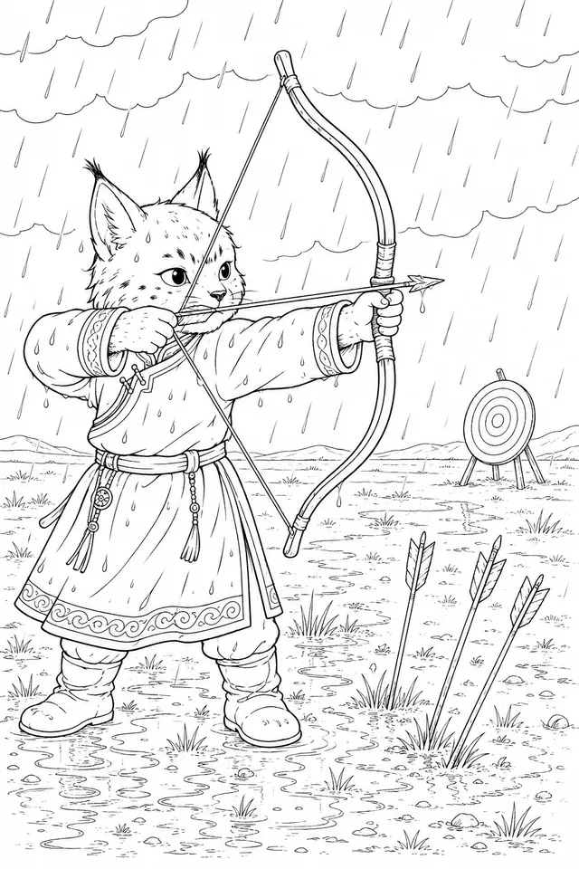 蒙古弓箭手在雨中练习