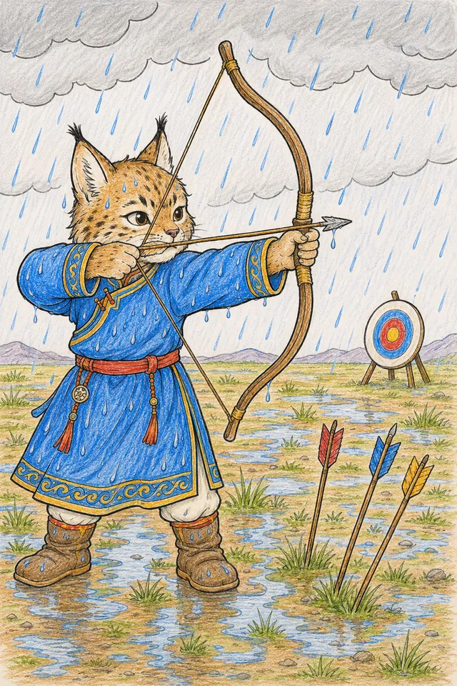 Mongolischer Bogen-Schütze übt im Regen – So könnte es aussehen