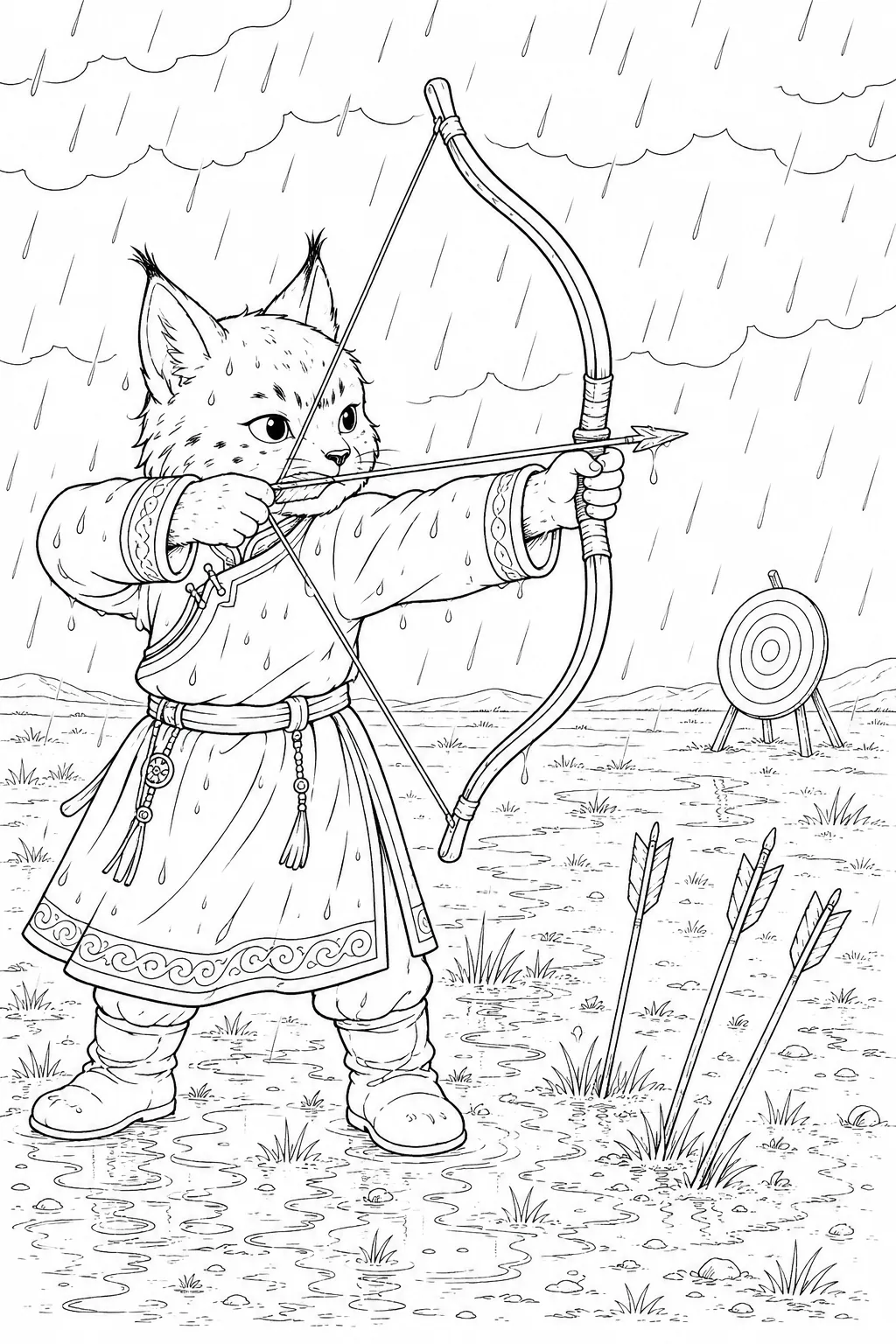 Ausmalbild: Entschlossener Bogenschütze zieht Pfeil und Bogen im Regen auf der nassen Steppe