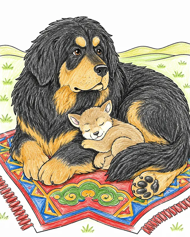Ausmalbild: Großer flauschiger Bankhar-Hund liegt schützend um ein schlafendes Kind auf der Steppe