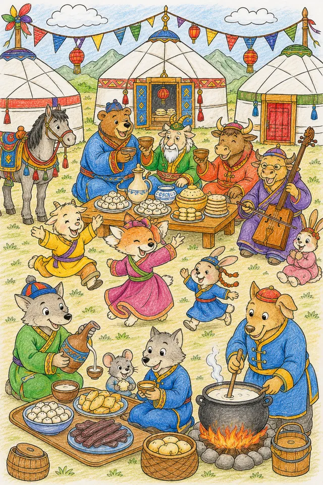 Ausmalbild: Fröhliche mongolische Nomaden-Gemeinschaft beim Ernte-Fest mit Musik, Tanz und Speisen