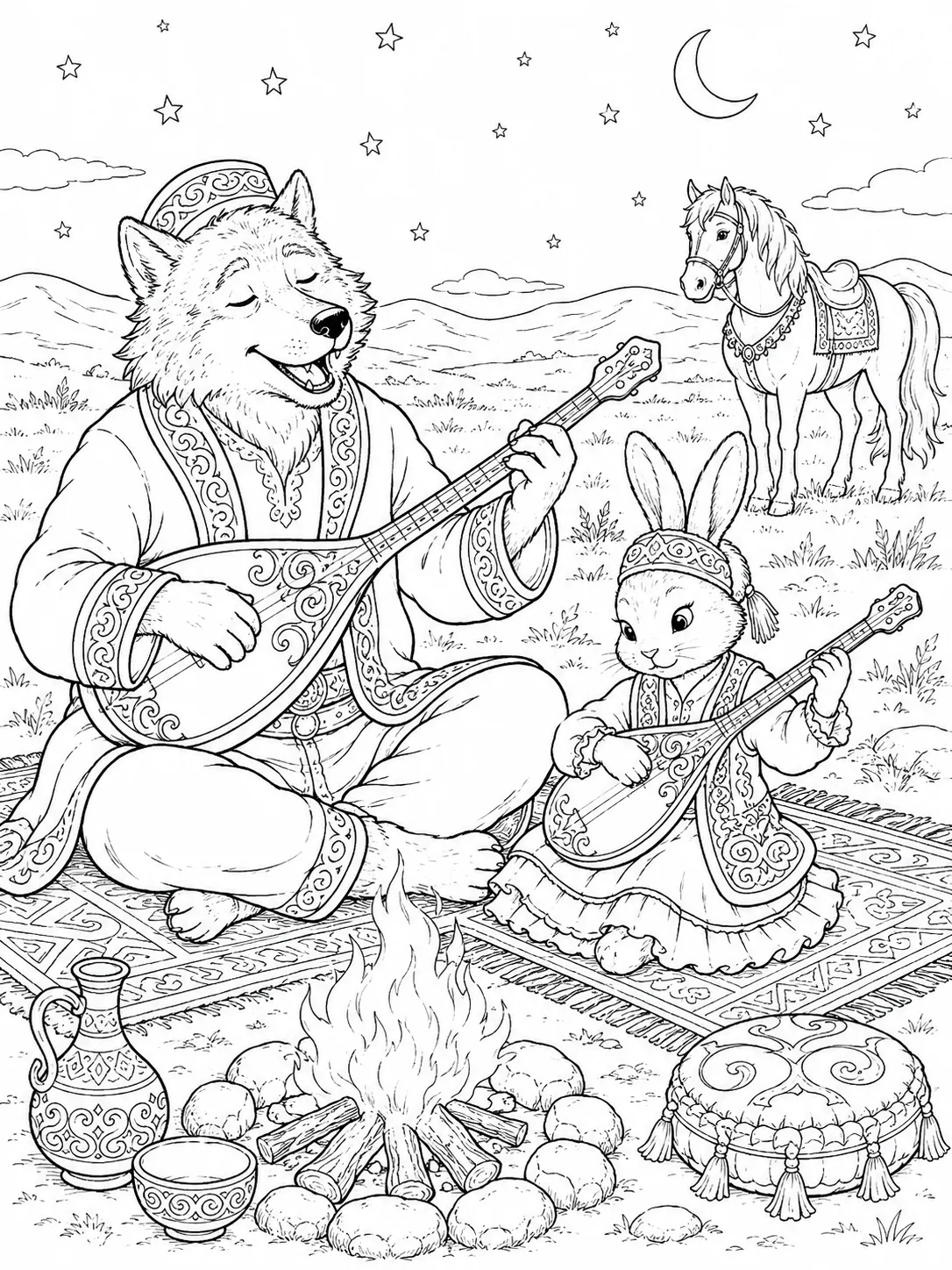 Ausmalbild: Zwei kasachische Musiker spielen Dombra beim Lagerfeuer unter Sternenhimmel