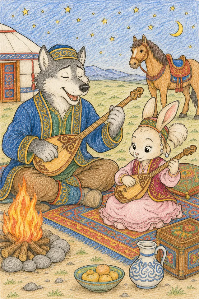 Ausmalbild: Kleines Murmeltier-Kind baut konzentriert eine Mini-Jurte aus Stöcken auf der Steppe