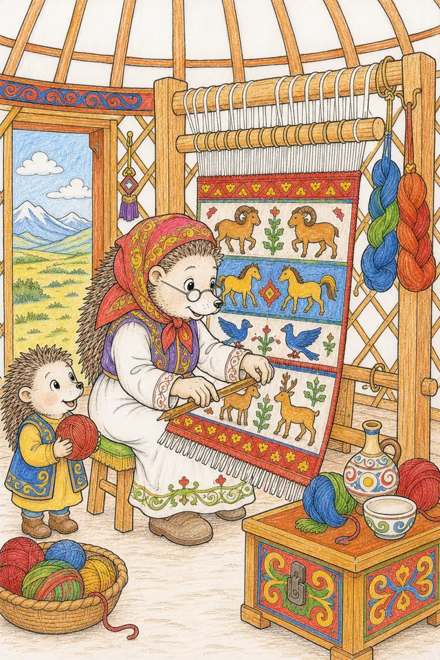 Ausmalbild: Kleines mongolisches Kind sitzt konzentriert mit Pferdekopfgeige mit geschnitztem Pferdekopf